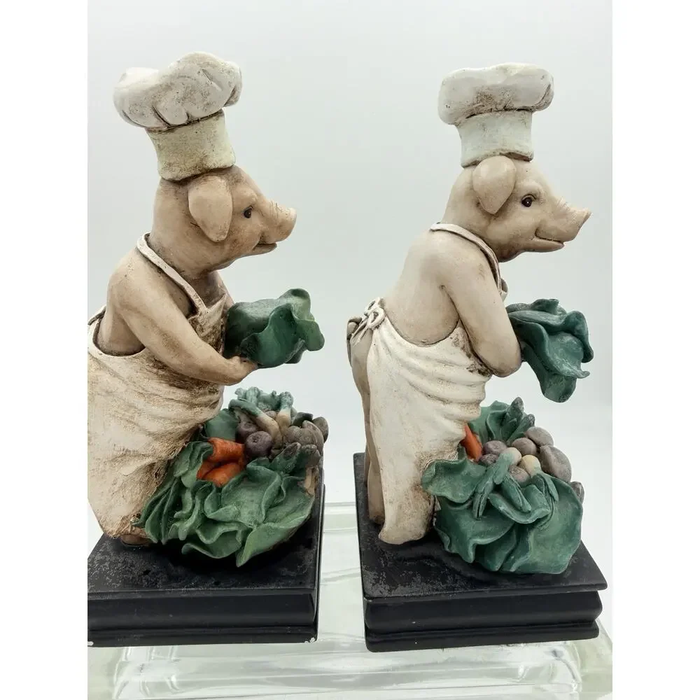 French Chef Pig Bookends Set Heavy Resin Cook Novelty Kitchen Cookbook Stand